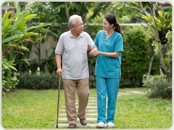 Elderly patient walking outside with a caregiver