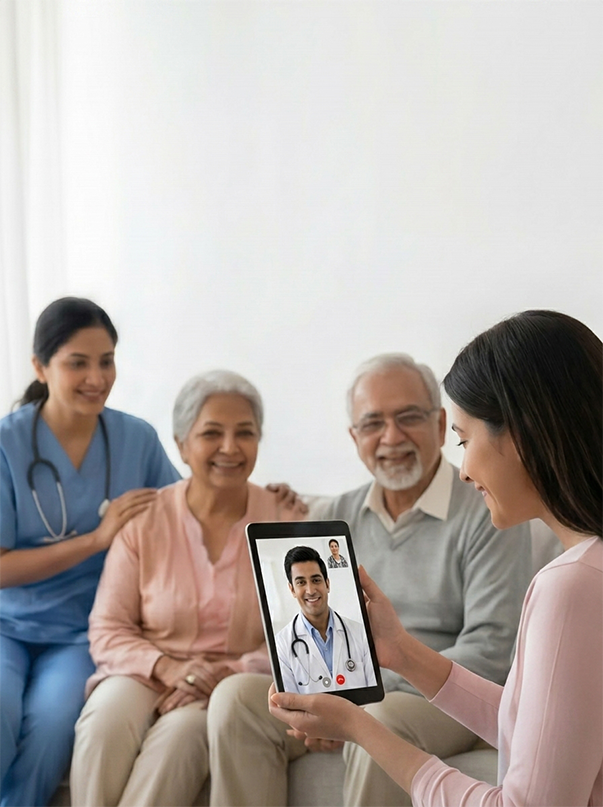 Family using tablet for telemedicine video call with care provider